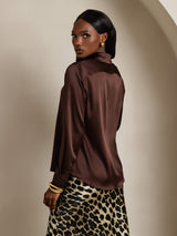 [Tumma Suklaa] SilkSilky-FI Long Sleeve Lapel Collar Naisten paita 002