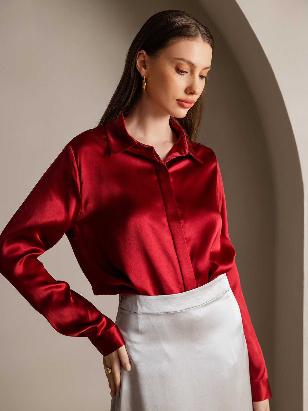 [Viini] SilkSilky-FI 19Momme Lapel Collar Naisten paita 001
