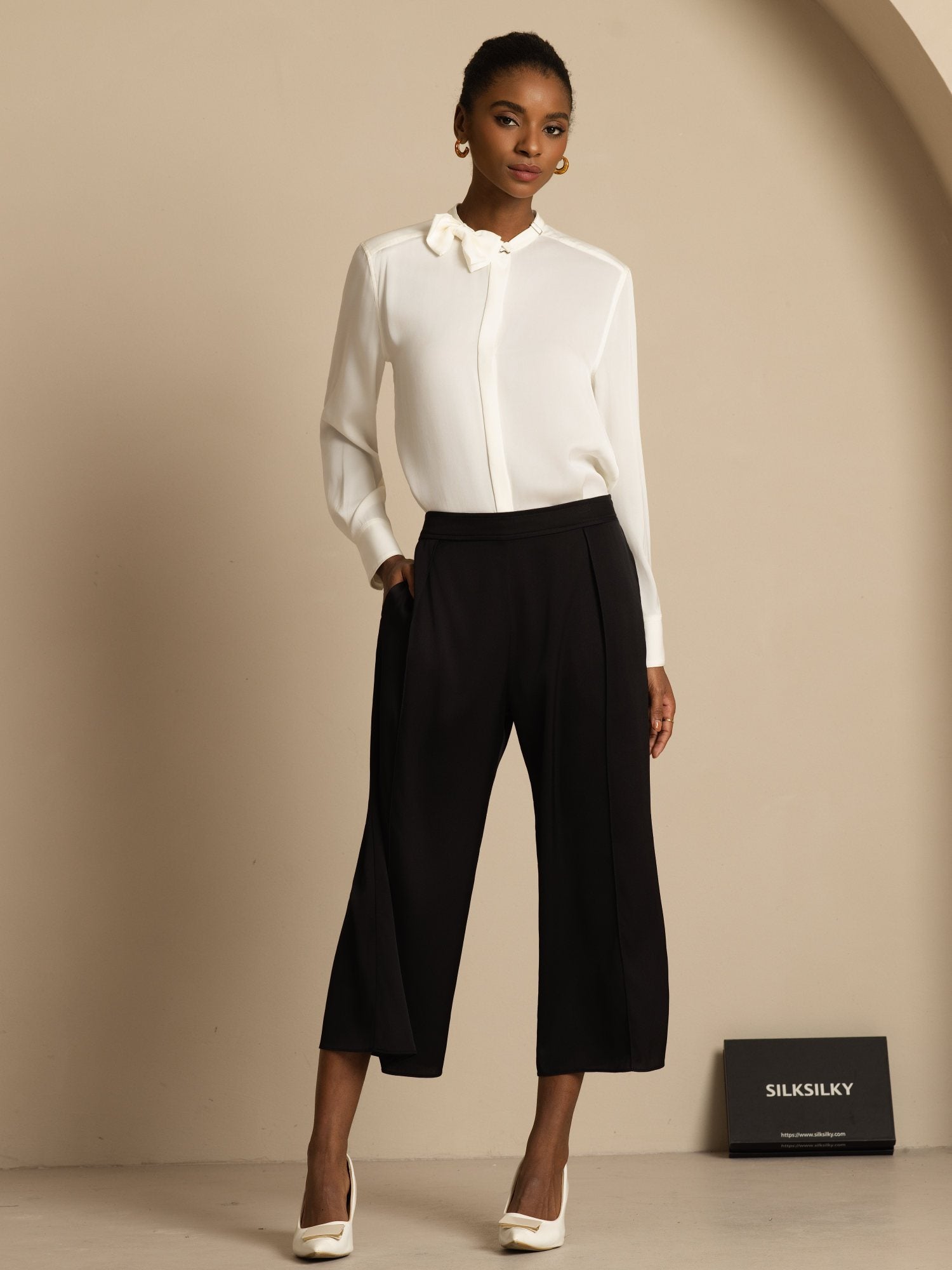 [Valkoinen] SilkSilky-FI 19Momme Silkki Pitkähihainen Pystykaulus Pusero 008