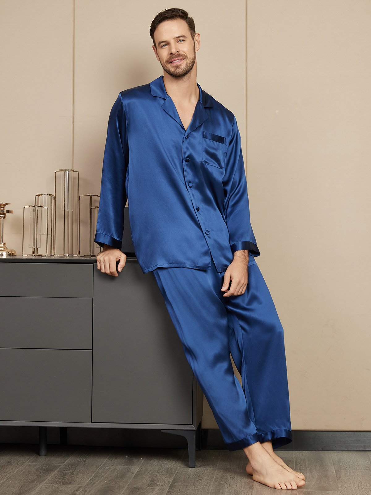 [Tummansininen] SilkSilky-FI Mens Pajamas 004
