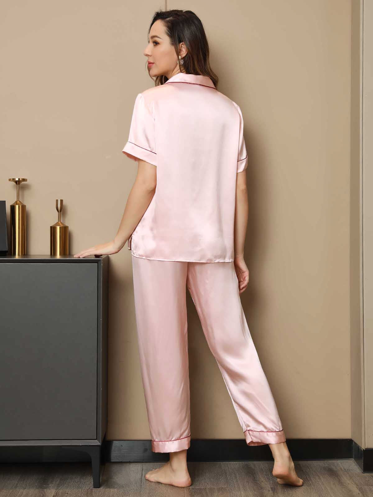 [Pinkki] SilkSilky-FI Pure Silk Short Sleeve Lapel Naisten Pyjamat 002