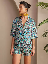 [Sinituore Kasvitieteellinen] SilkSilky-FI Short Sleeve Notch Collar Naisten Pyjamat 003