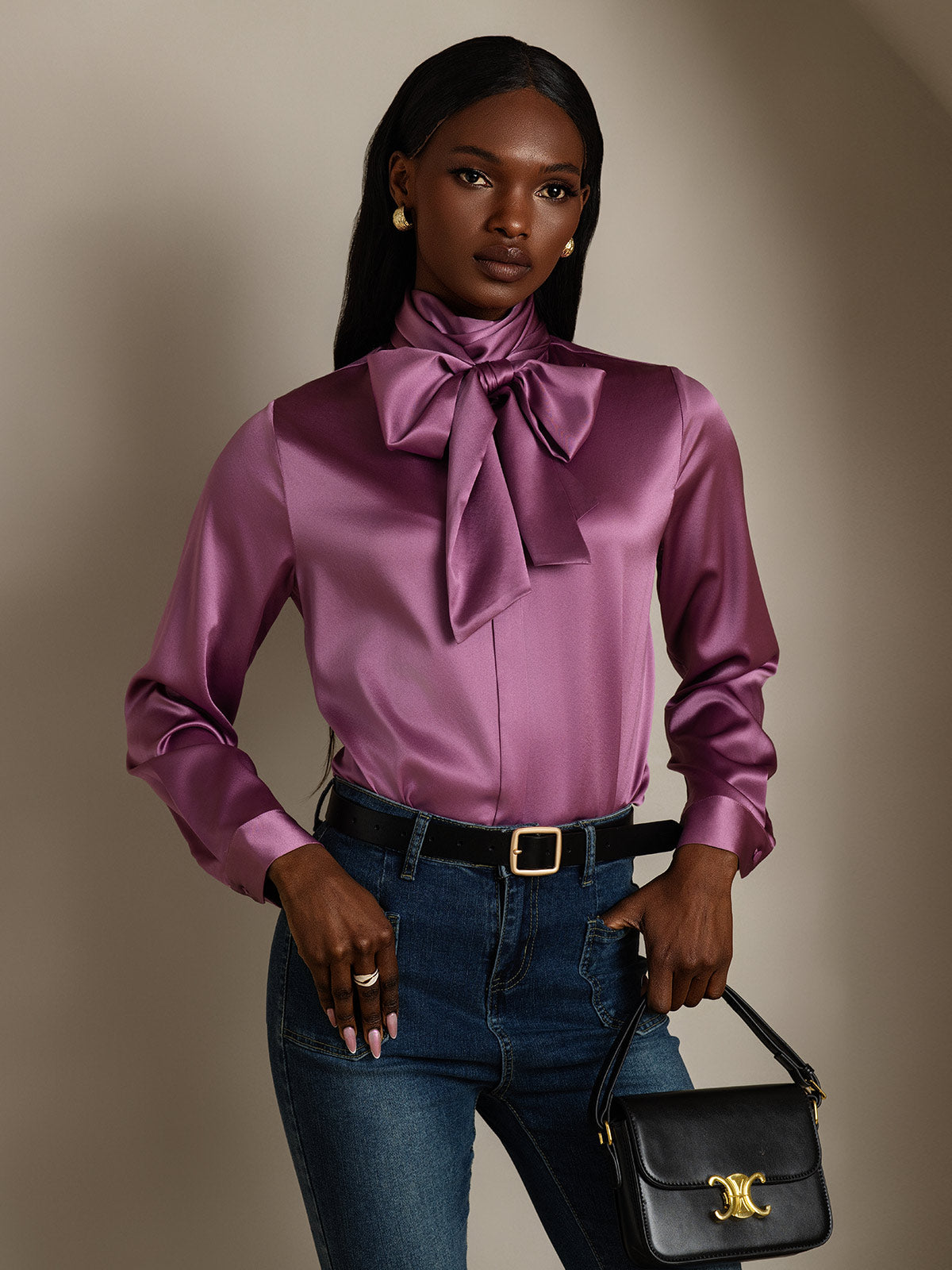 [Tumma Violetti] SilkSilky-FI 19Momme Silk Long Sleeve Tie Neck Naisten paita 005