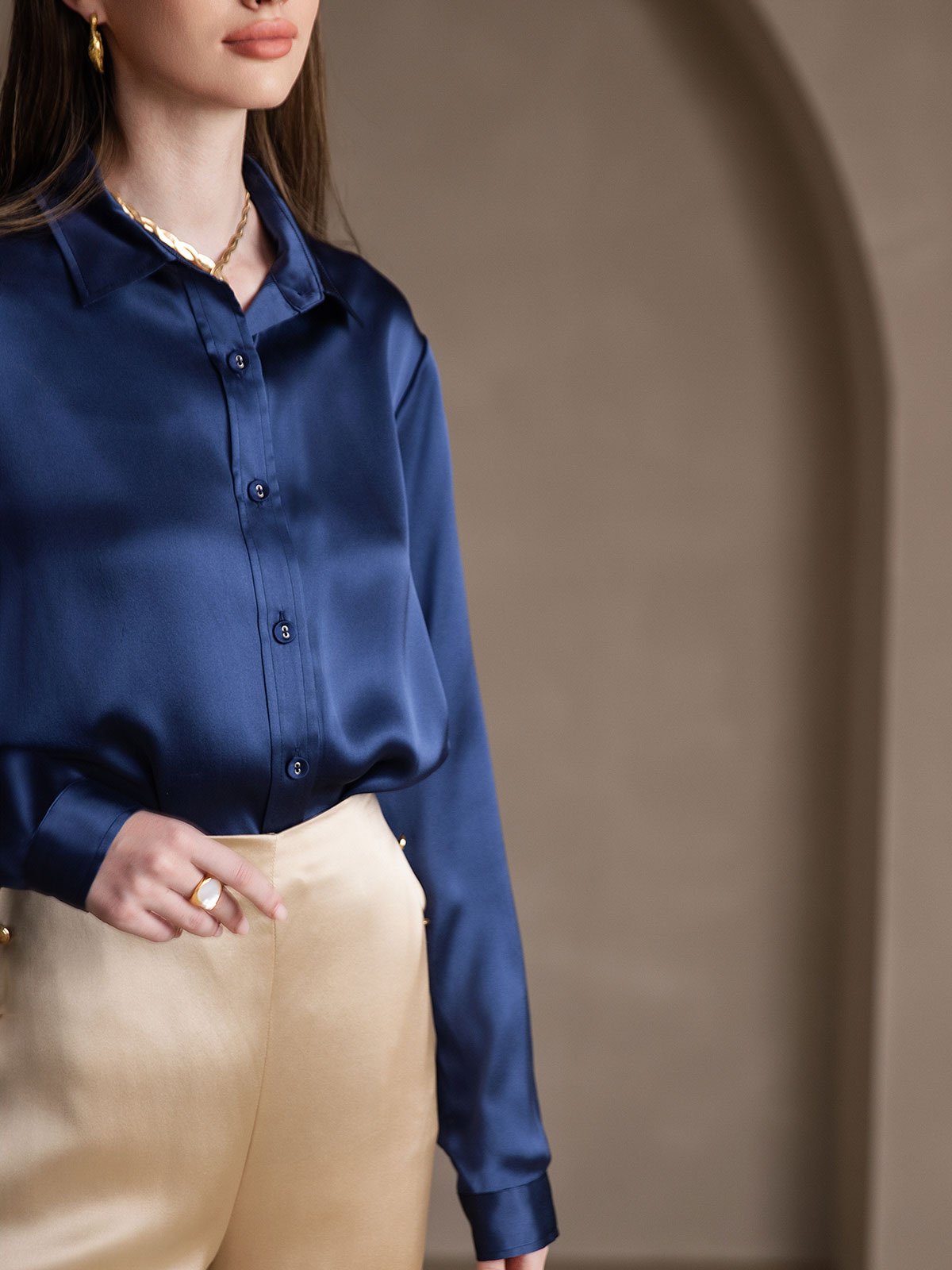 [Tummansininen] SilkSilky-FI 19Momme Silk Long Sleeve Collar Naisten paita 006