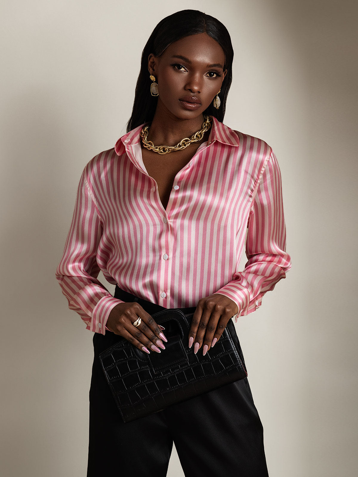 [Pinkki] SilkSilky-FI Lapel Collar Naisten paita 005