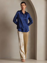 [Tummansininen] SilkSilky-FI Long Sleeve Lapel Collar Naisten paita 004