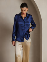 [Tummansininen] SilkSilky-FI Long Sleeve Lapel Collar Naisten paita 003