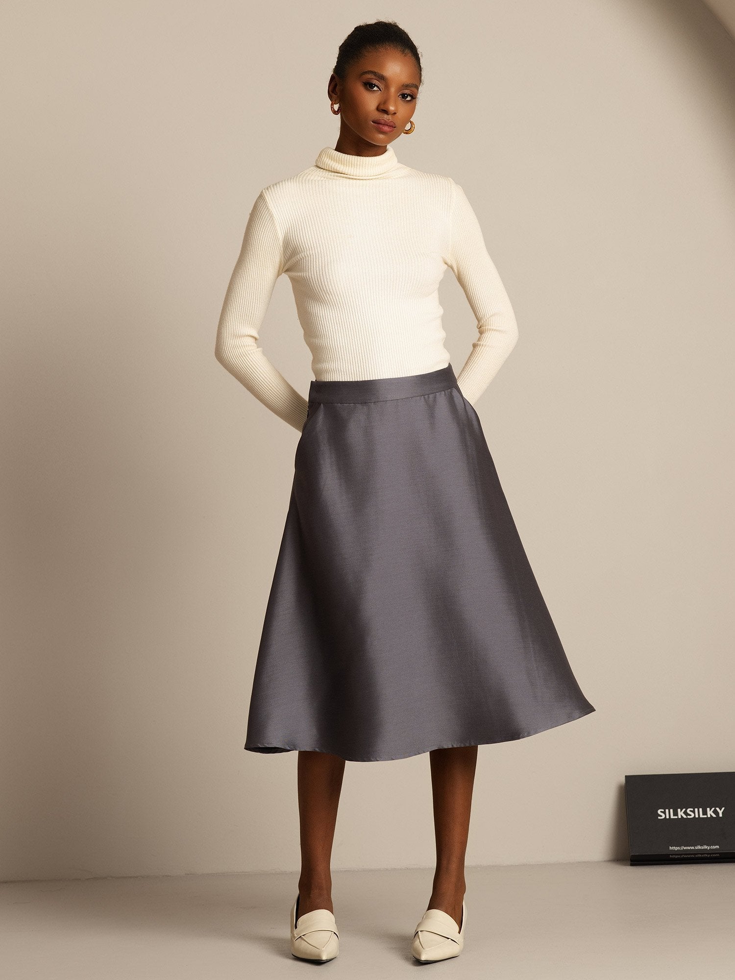 [Harmaa] SilkSilky-FI 32Momme Silk-Wool Blend Skirt 008,