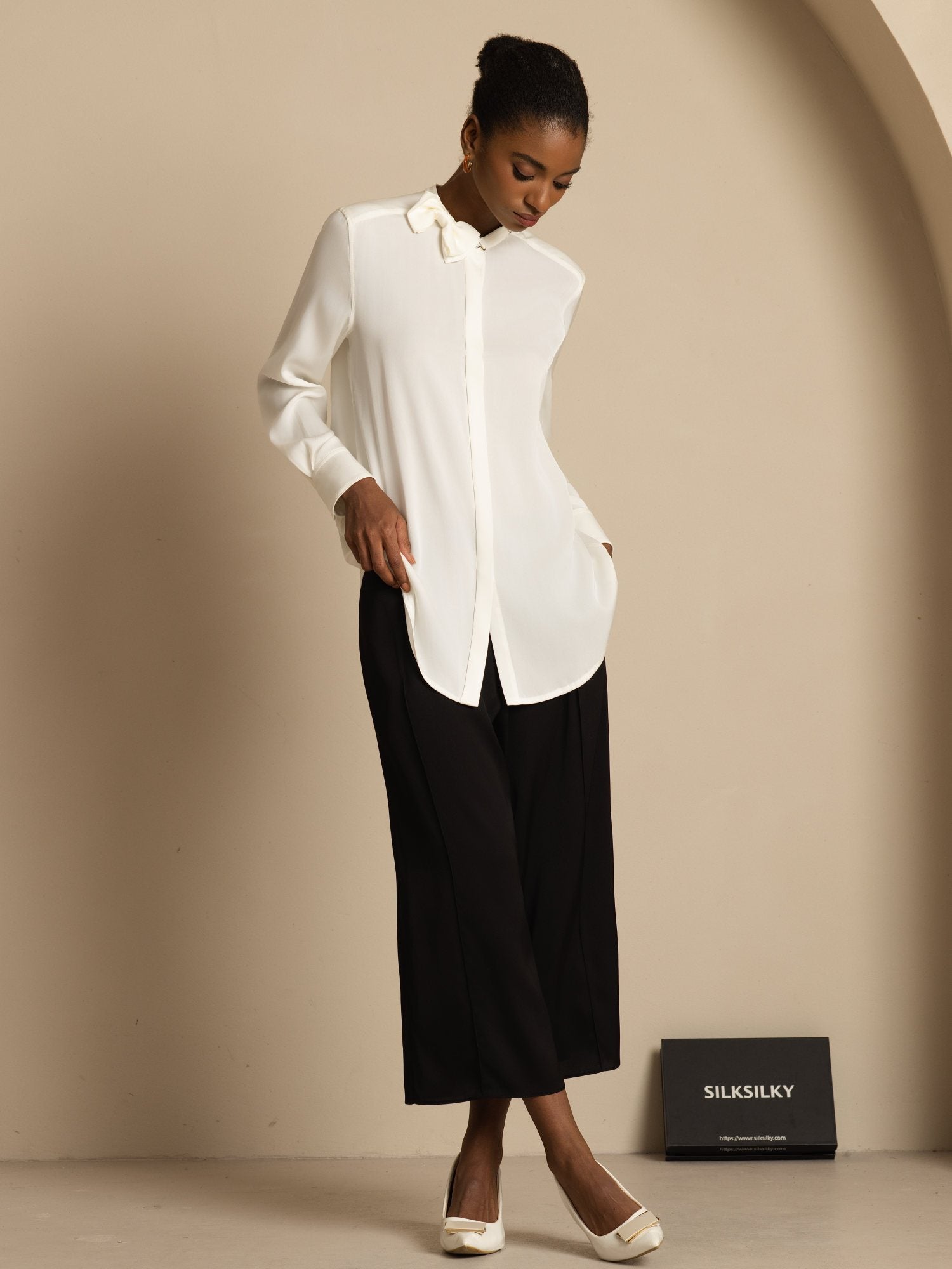 [Valkoinen] SilkSilky-FI 19Momme Silkki Pitkähihainen Pystykaulus Pusero 006