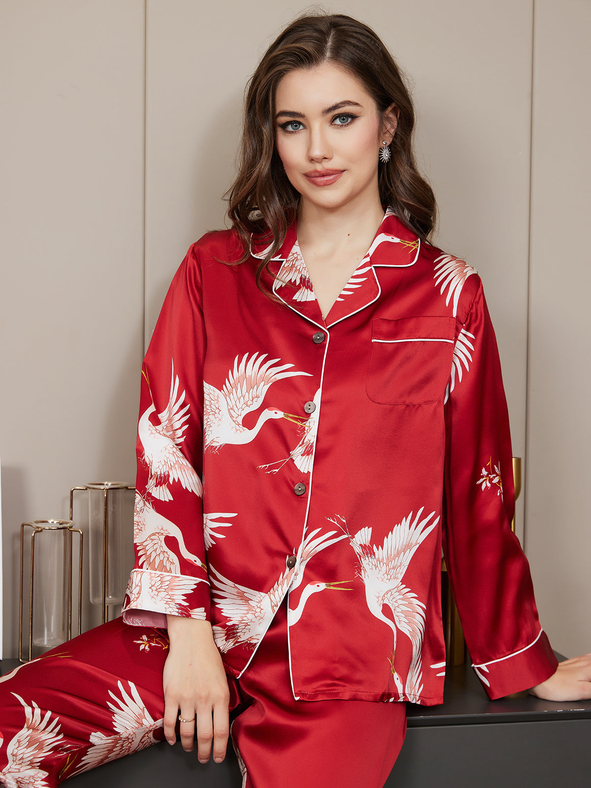 [Tummanpunainen] SilkSilky-FI 19Momme Pure Silk Long Sleeve Lapel Naisten Pyjamat 005