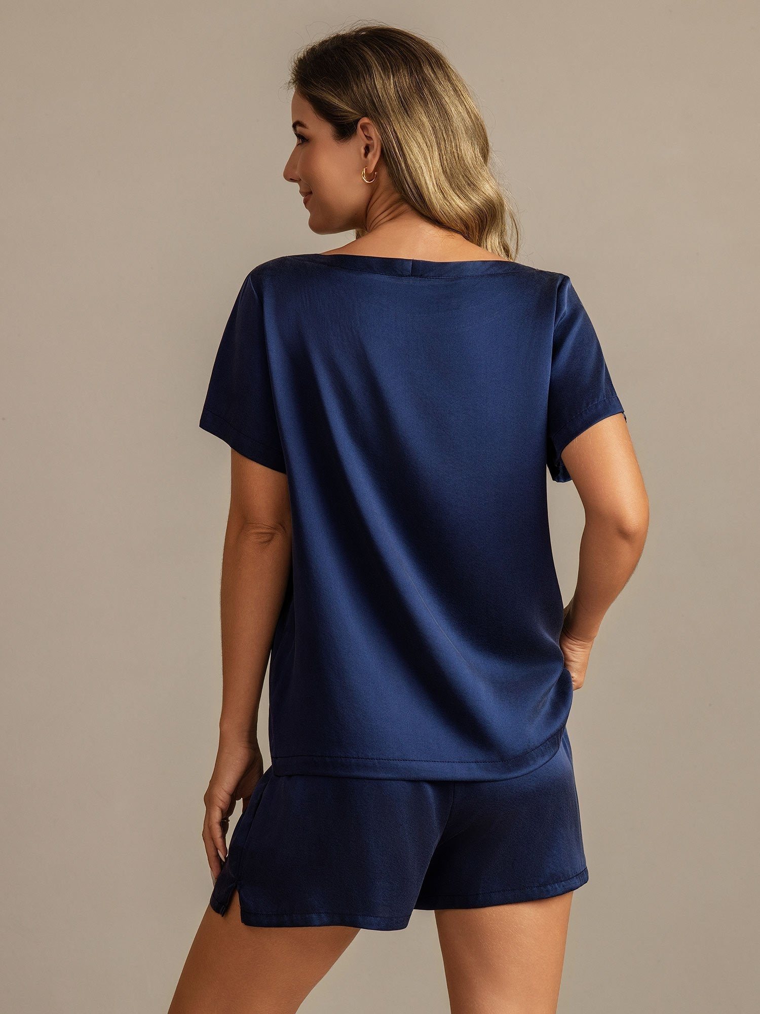 [Tummansininen] SilkSilky-FI 19Momme Lyhythihainen Pyöreä Pääntie Naisten Pyjamat 002