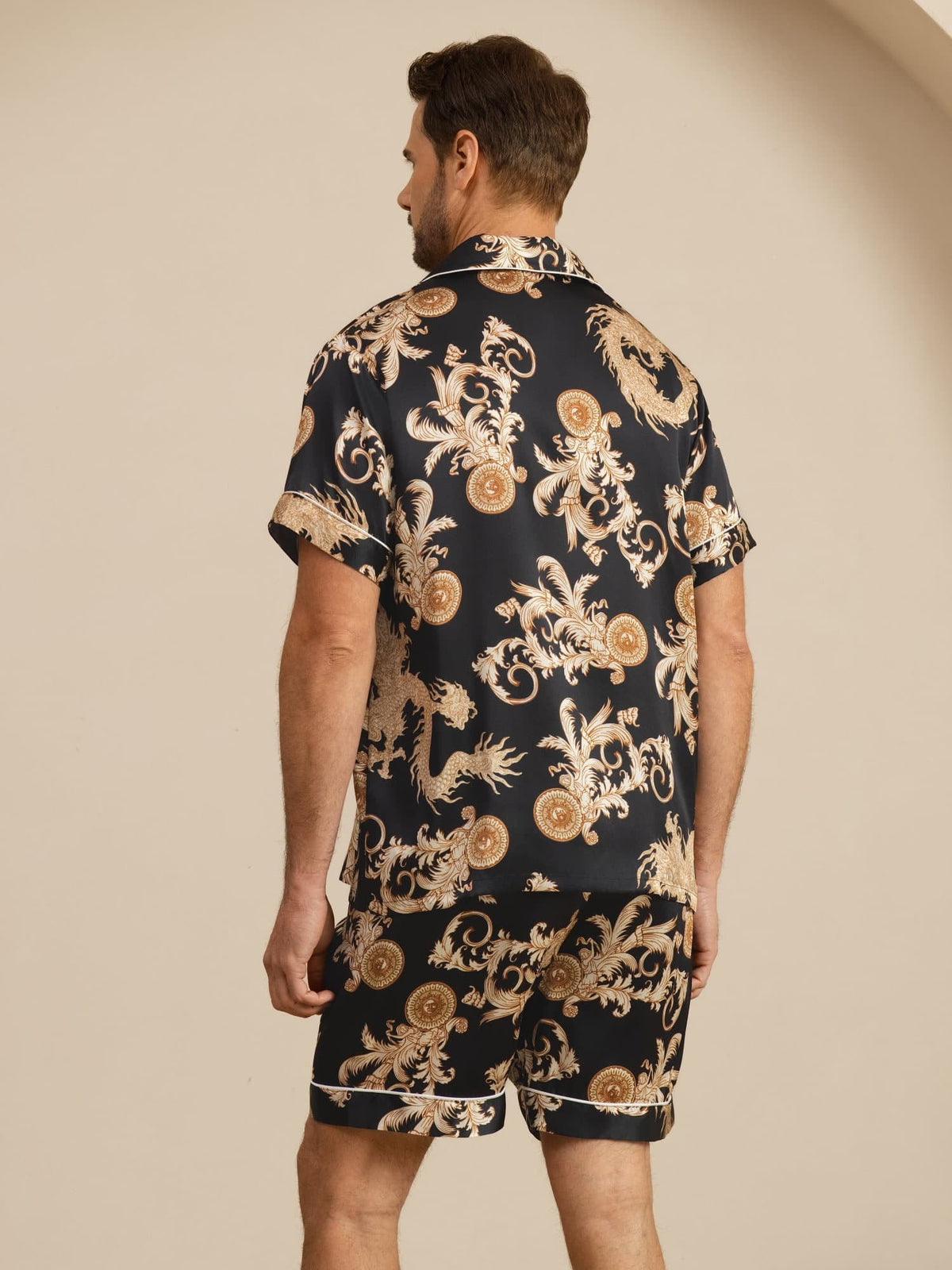 [Musta Lohikäärme] SilkSilky-FI Short Sleeve Notkokaulus Miesten Pyjamat 002