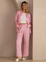 [Vaaleanpunainen Liituraita] SilkSilky-FI Long Sleeve Lapel Collar Women's Outfit Sets 004