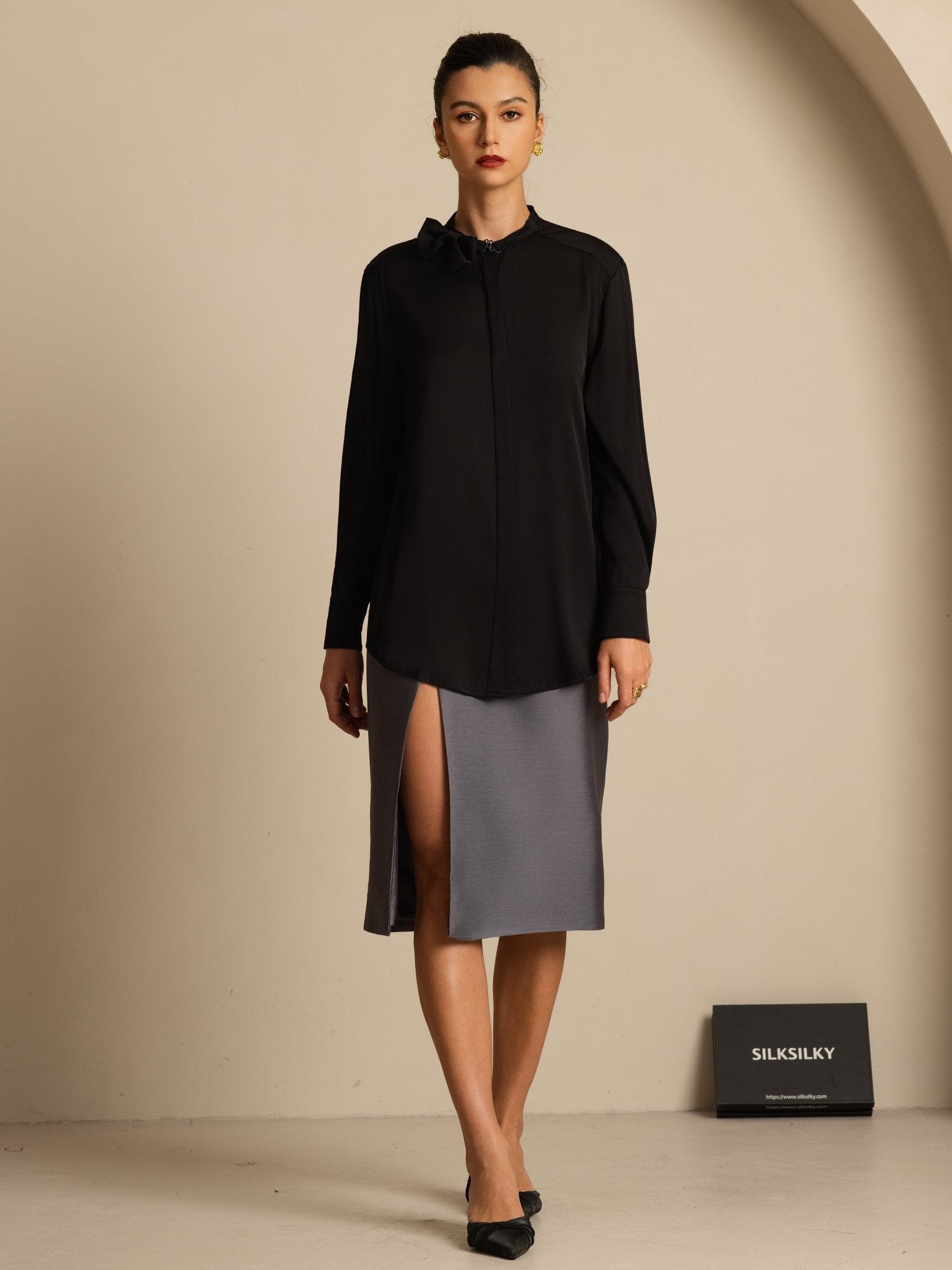 [Musta] SilkSilky-FI 19Momme Silkki Pitkähihainen Pystykaulus Pusero 008