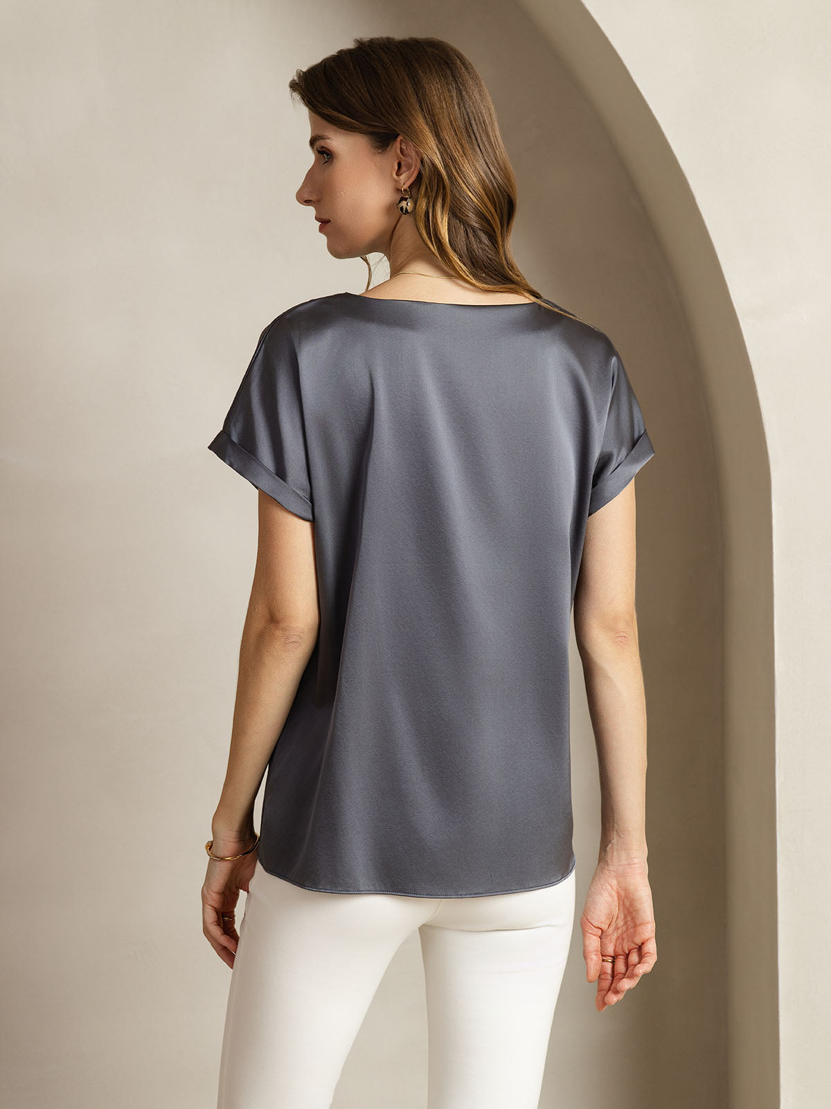 [Tumman Harmaa] SilkSilky-FI 19Momme Womens T-Shirt 002