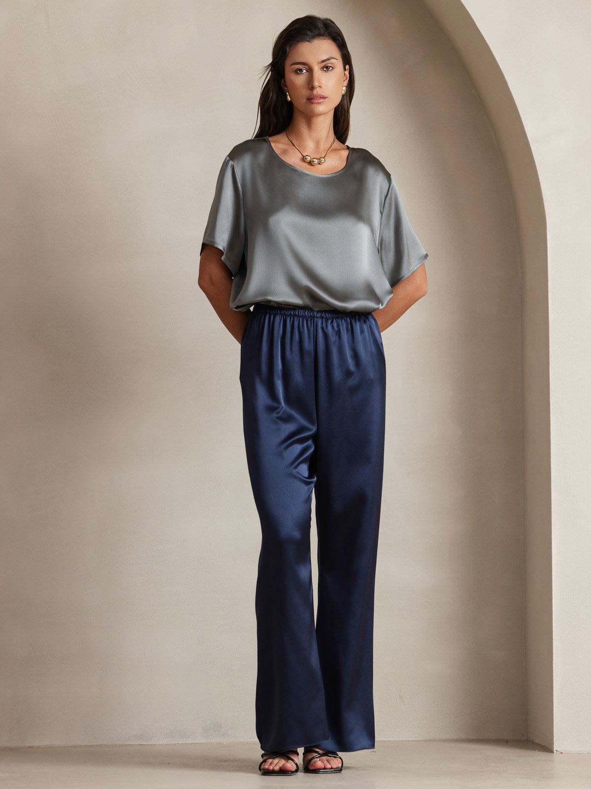 [Tummansininen] SilkSilky-FI 19Momme Silk Womens Pants 004