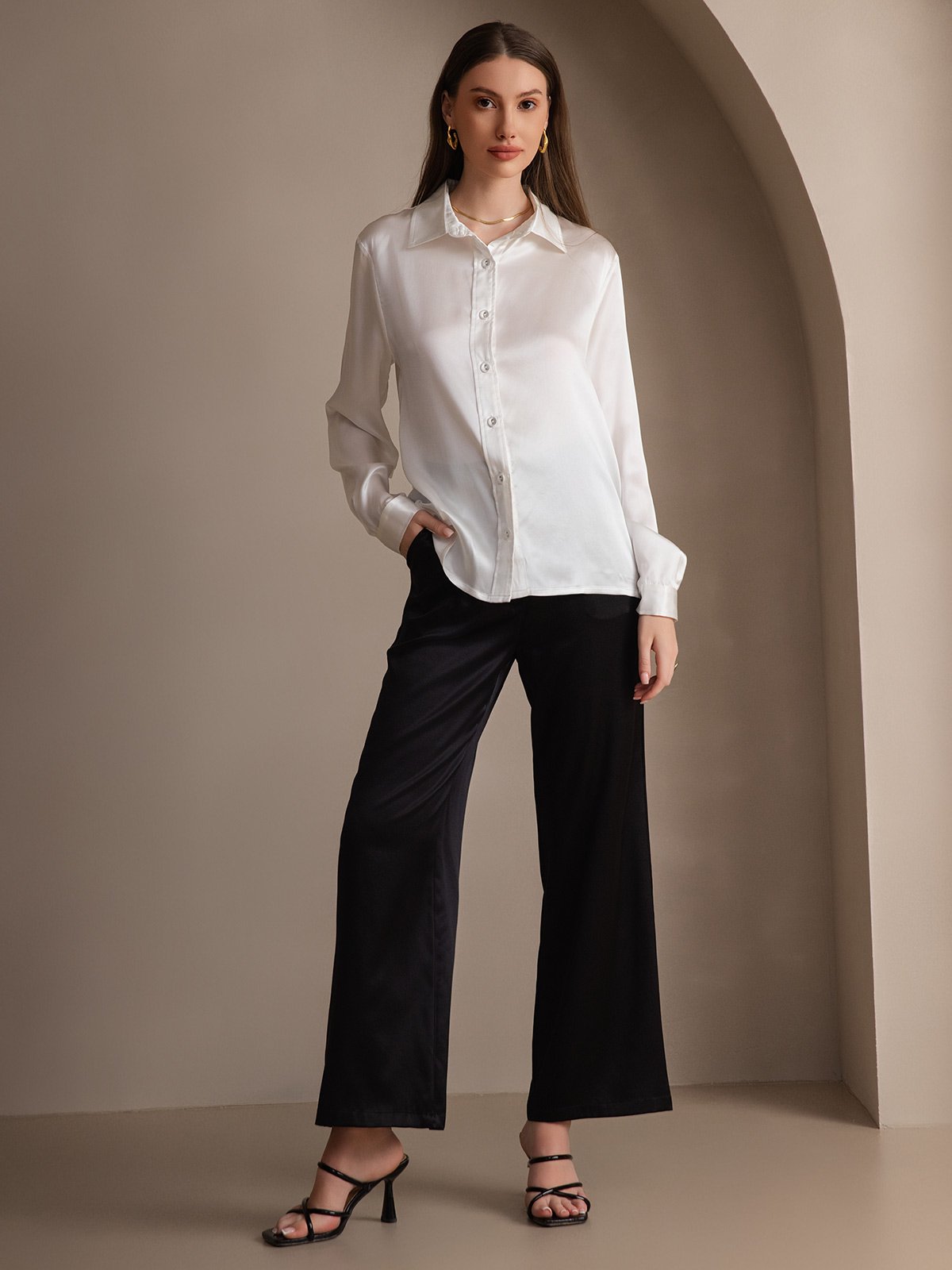 [Valkoinen] SilkSilky-FI 19Momme Silk Long Sleeve Collar Naisten paita 007