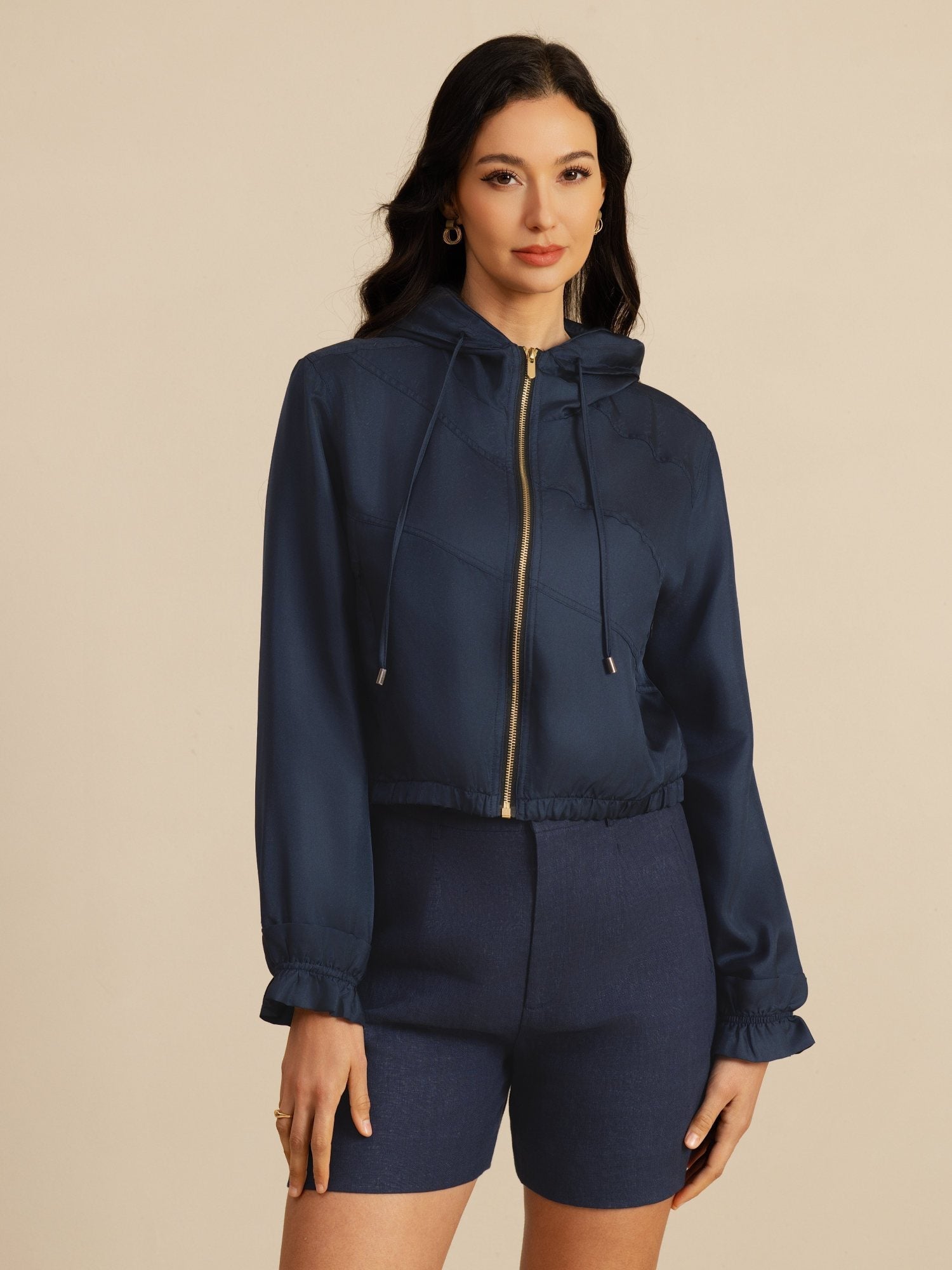 [Tummansininen] SilkSilky-FI 18Momme Pitkähihainen Korkea Kaulus Naisten Päällysvaatteet 004