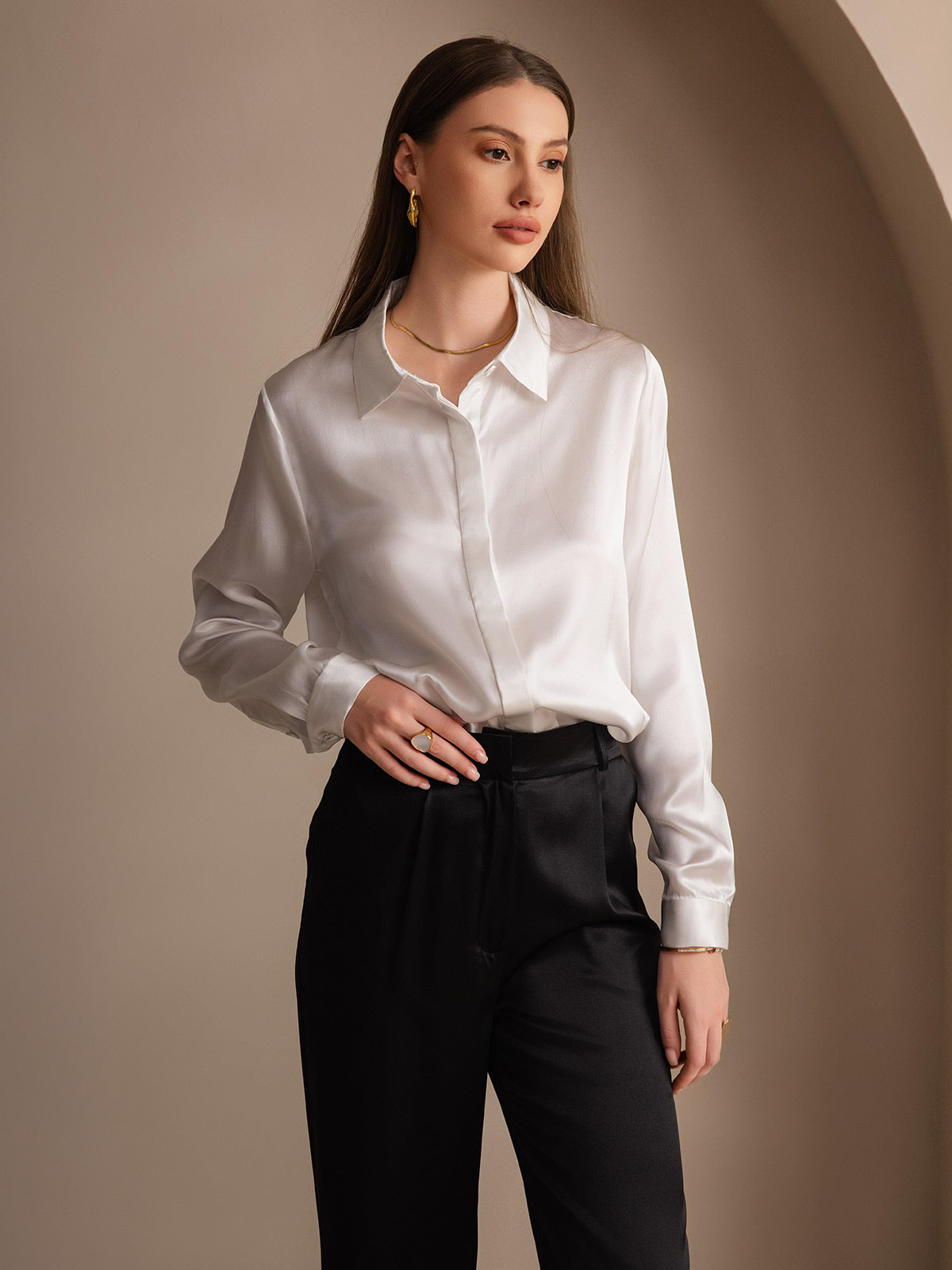 [Valkoinen] SilkSilky-FI 19Momme Lapel Collar Naisten paita 001