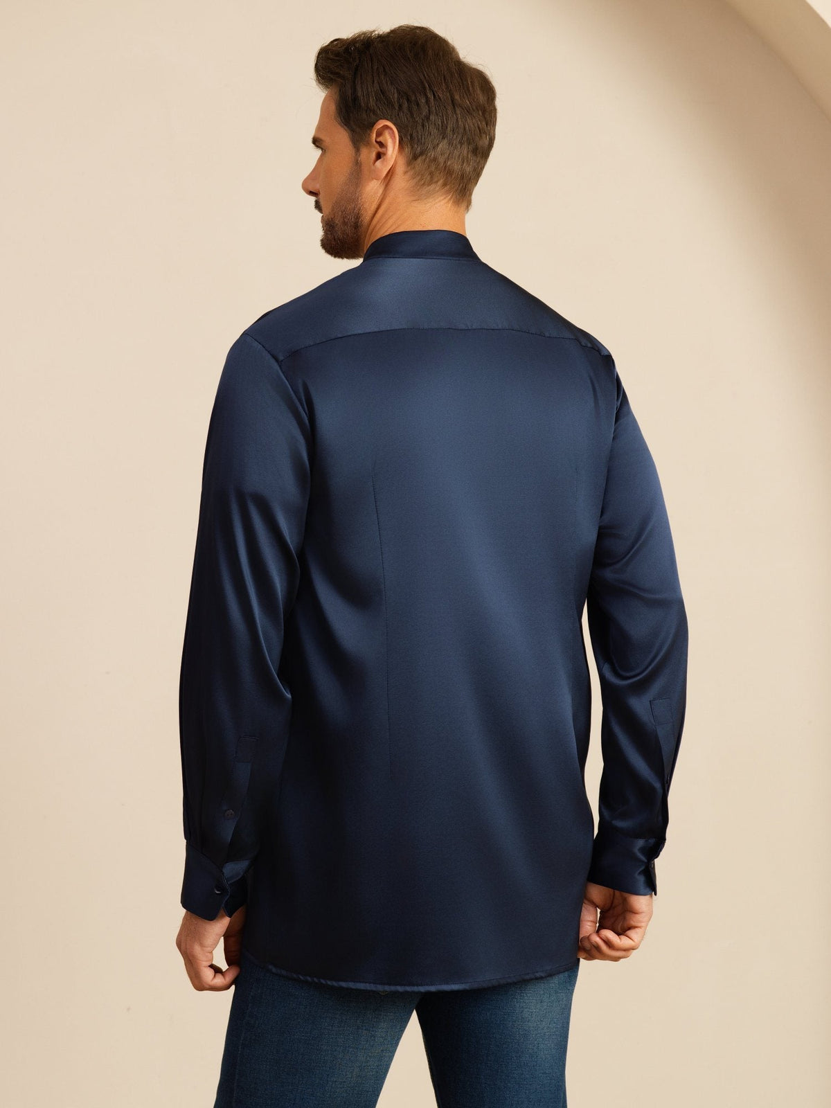 [Tummansininen] SilkSilky-FI Long Sleeve Stand Collar Miesten Paita 002