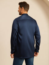 [Tummansininen] SilkSilky-FI Long Sleeve Stand Collar Miesten Paita 002