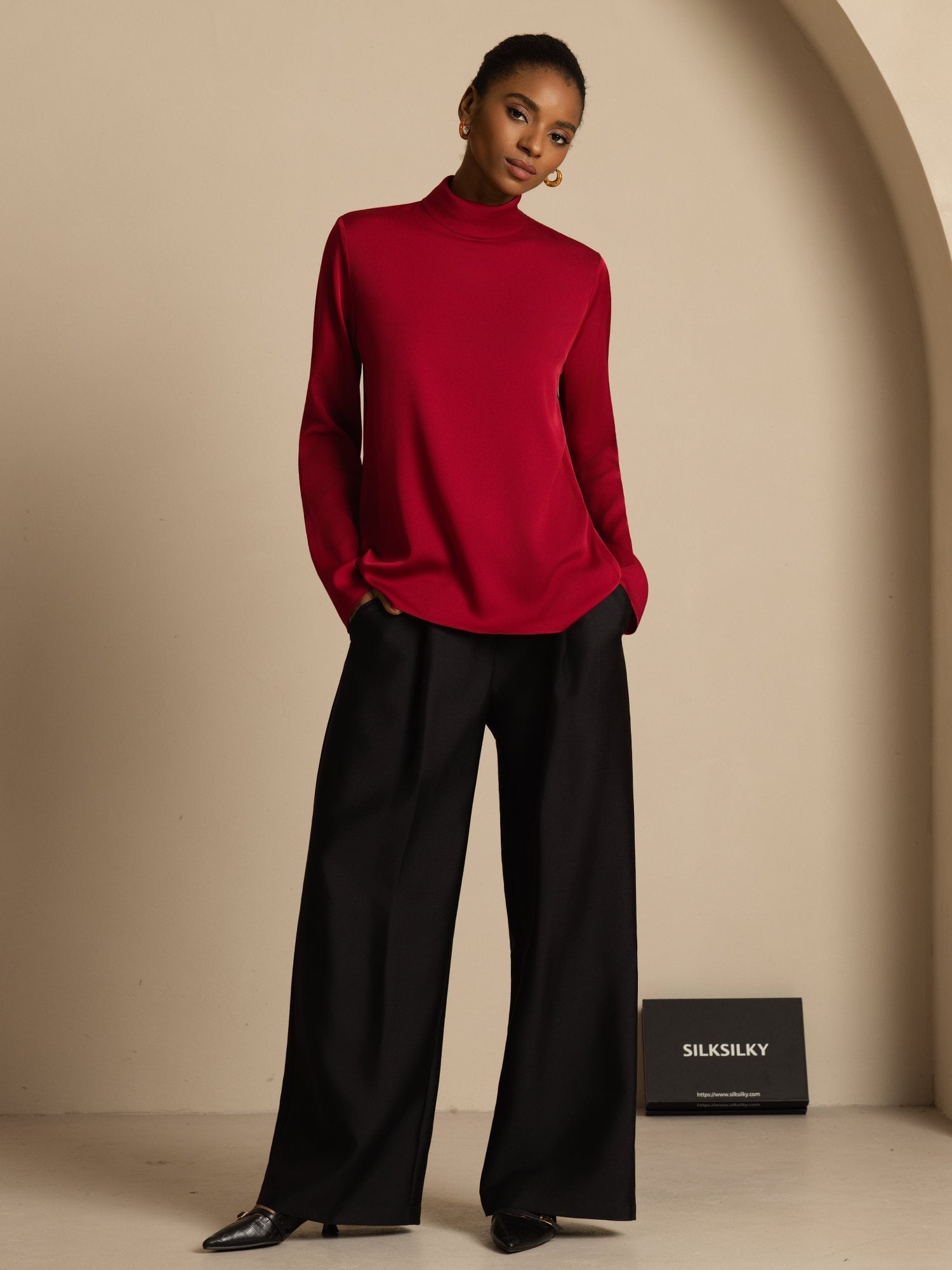 [Viini] SilkSilky-FI 19Momme Silkki Pitkähihainen Poolokaulus Naisten T-paita 001