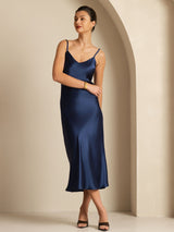 [Tummansininen] SilkSilky-FI Spaghetti Strap V Neck Mekko 001
