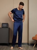 [Tummansininen] SilkSilky-FI Pure Silk Short Sleeve Round Neck Miesten Pyjamat 004