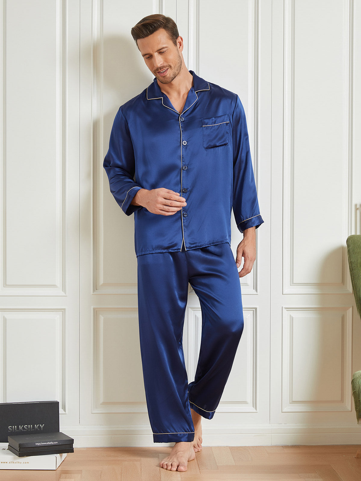 [Tummansininen] SilkSilky-FI 19Momme Mens Pajamas 005
