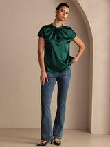 [Tummanvihreä] SilkSilky-FI Short Sleeve Blouse 006
