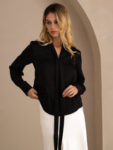 [Musta] SilkSilky-FI Long Sleeve Tie Neck Naisten Puserot 002