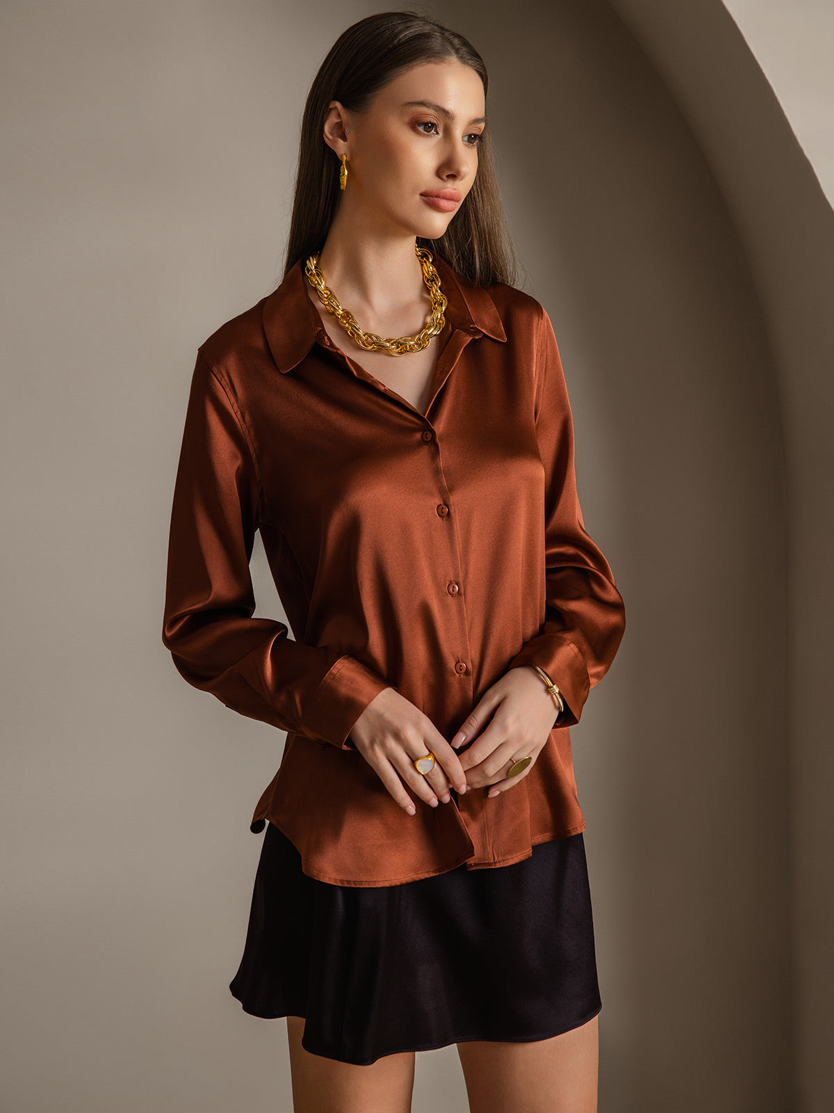 [Kahvi] SilkSilky-FI Lapel Collar Naisten paita 004