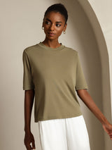 [Poltettu Oliivi] SilkSilky-FI Half Sleeve Crew Neck Naisten T-paita 007