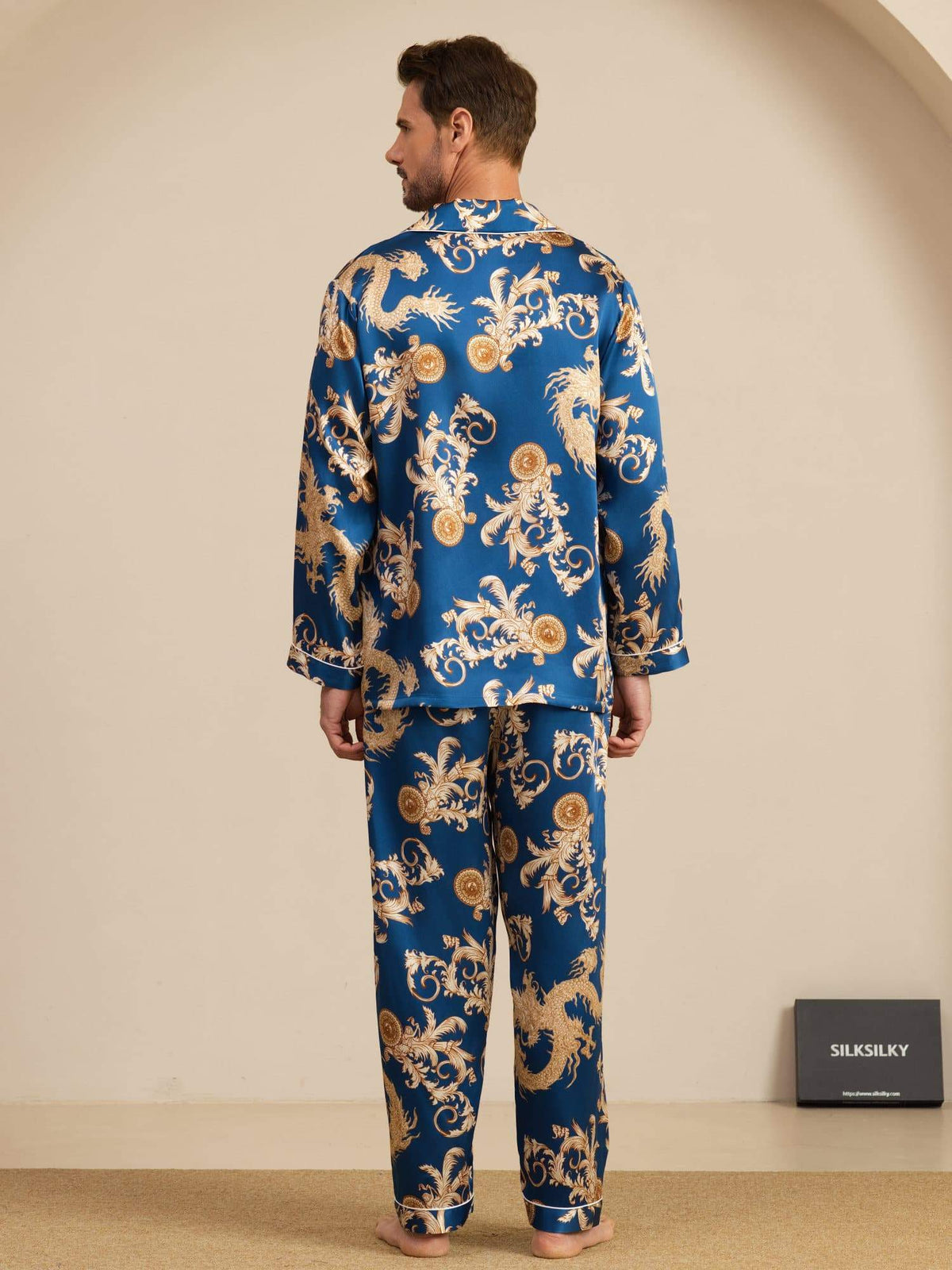 [Navy Lohikäärme] SilkSilky-FI Long Sleeve Notkokaulus Miesten Pyjamat 002