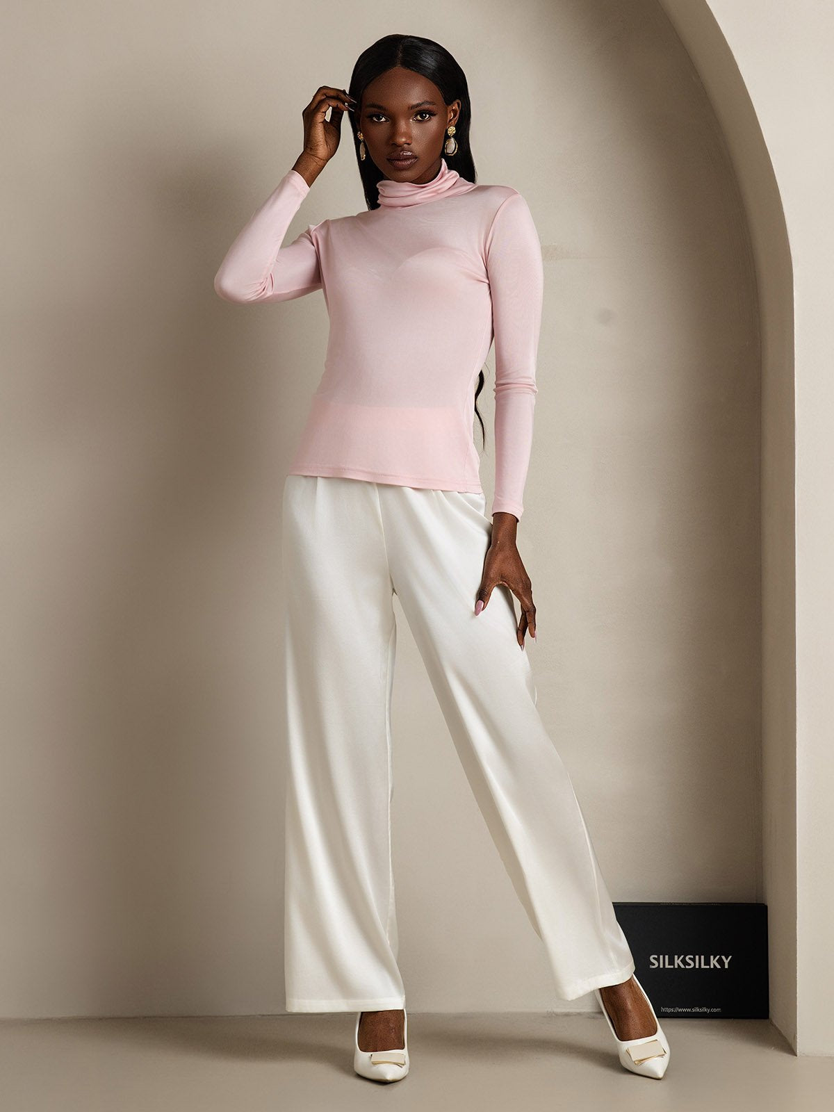 [Korallinpunainen] SilkSilky-FI Silk Long Sleeve Womens T-Shirt 006