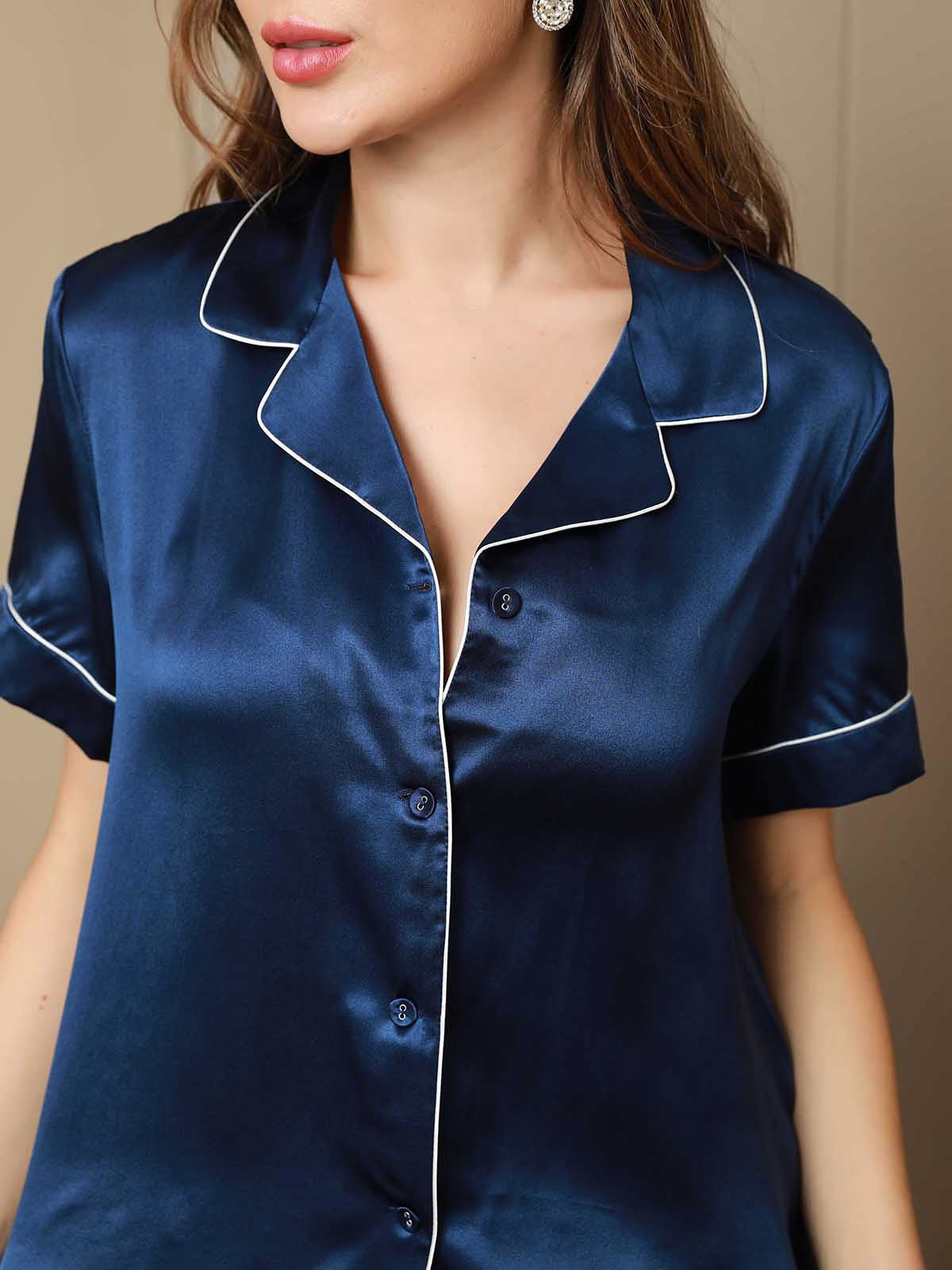 [Tummansininen] SilkSilky-FI Pure Silk Short Sleeve Lapel Naisten Pyjamat 007