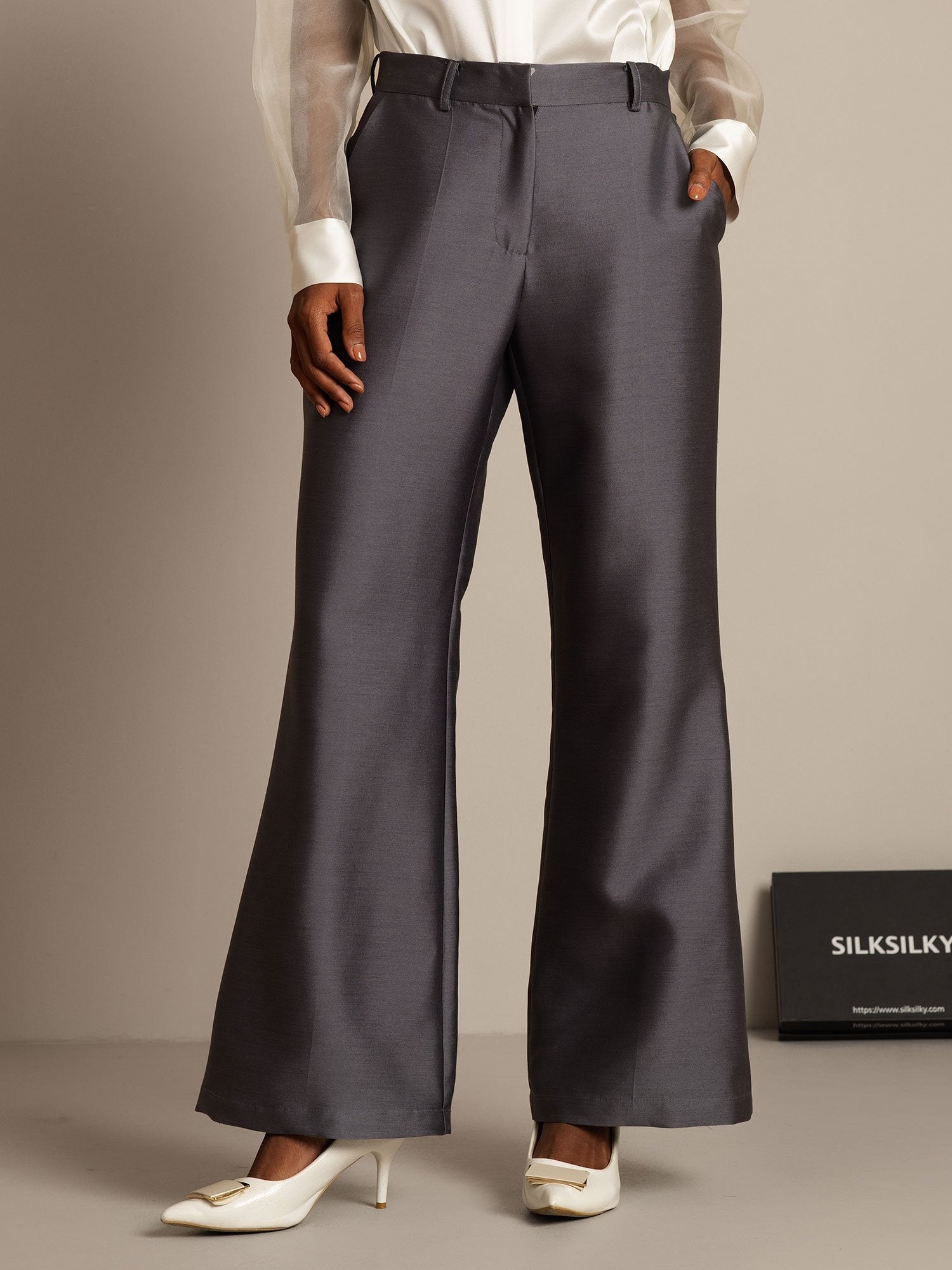 [Harmaa] SilkSilky-FI 32Momme Silk-Wool Blend Womens Pants 001,