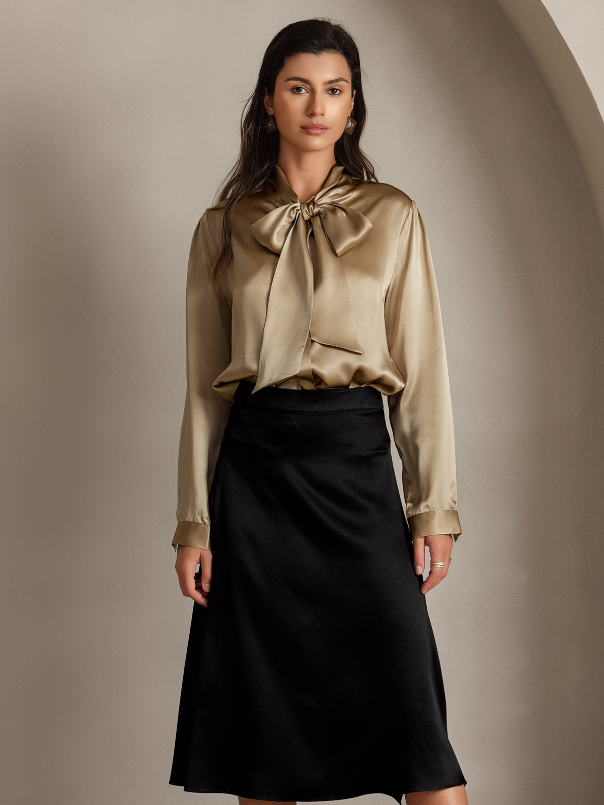 [Samppanja] SilkSilky-FI 19Momme Silk Long Sleeve Tie Neck Naisten paita 001