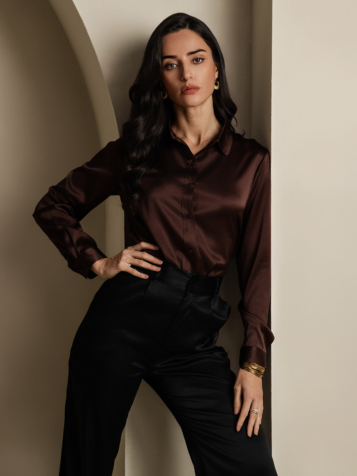 [Kahvi] SilkSilky-FI 19Momme Silk Long Sleeve Collar Naisten paita 005