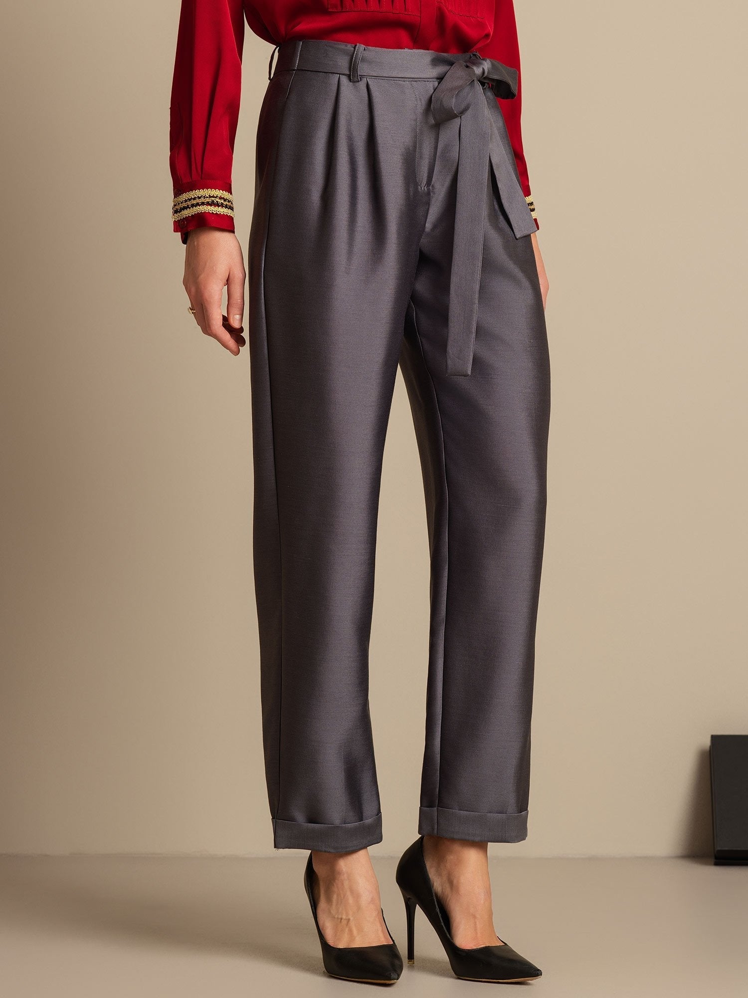 [Harmaa] SilkSilky-FI 32Momme Silk-Wool Blend Womens Pants 003,