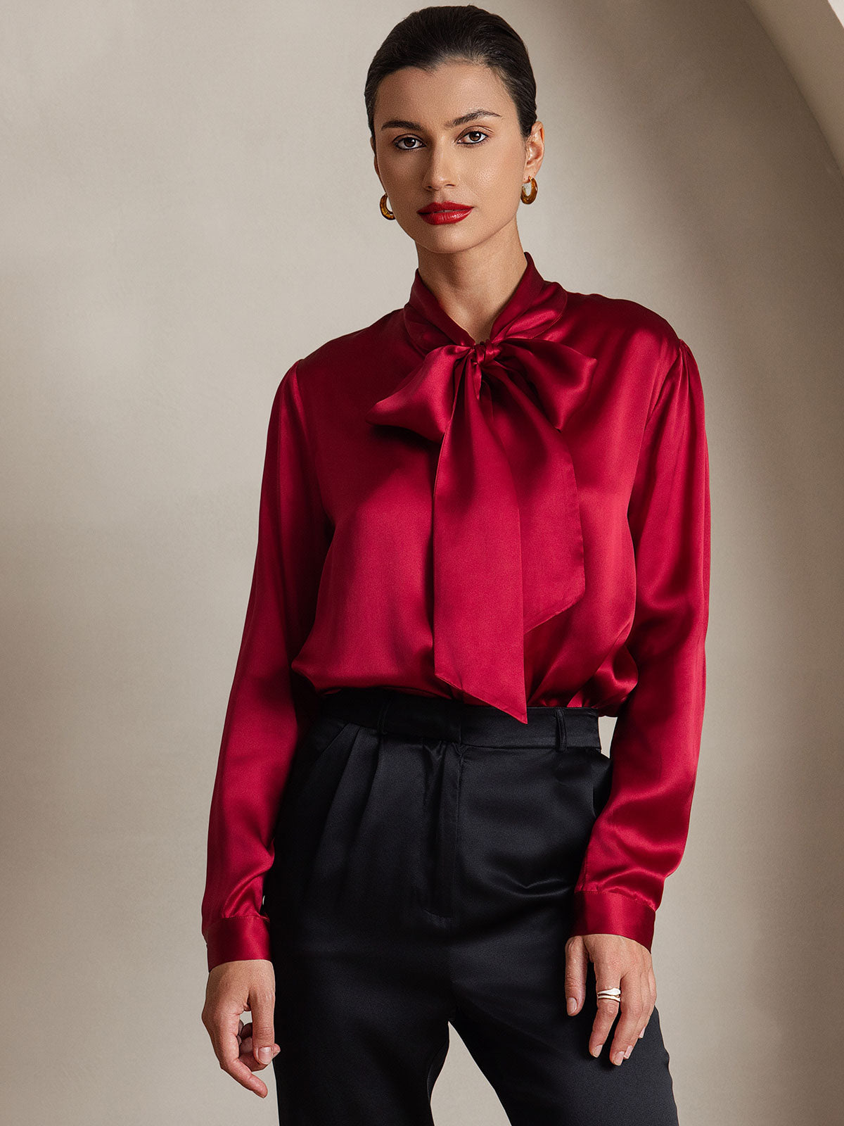 [Viini] SilkSilky-FI 19Momme Silk Long Sleeve Tie Neck Naisten paita 001