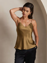[Kahvi] SilkSilky-FI Spagettihihna V Neck Camisole Top 001