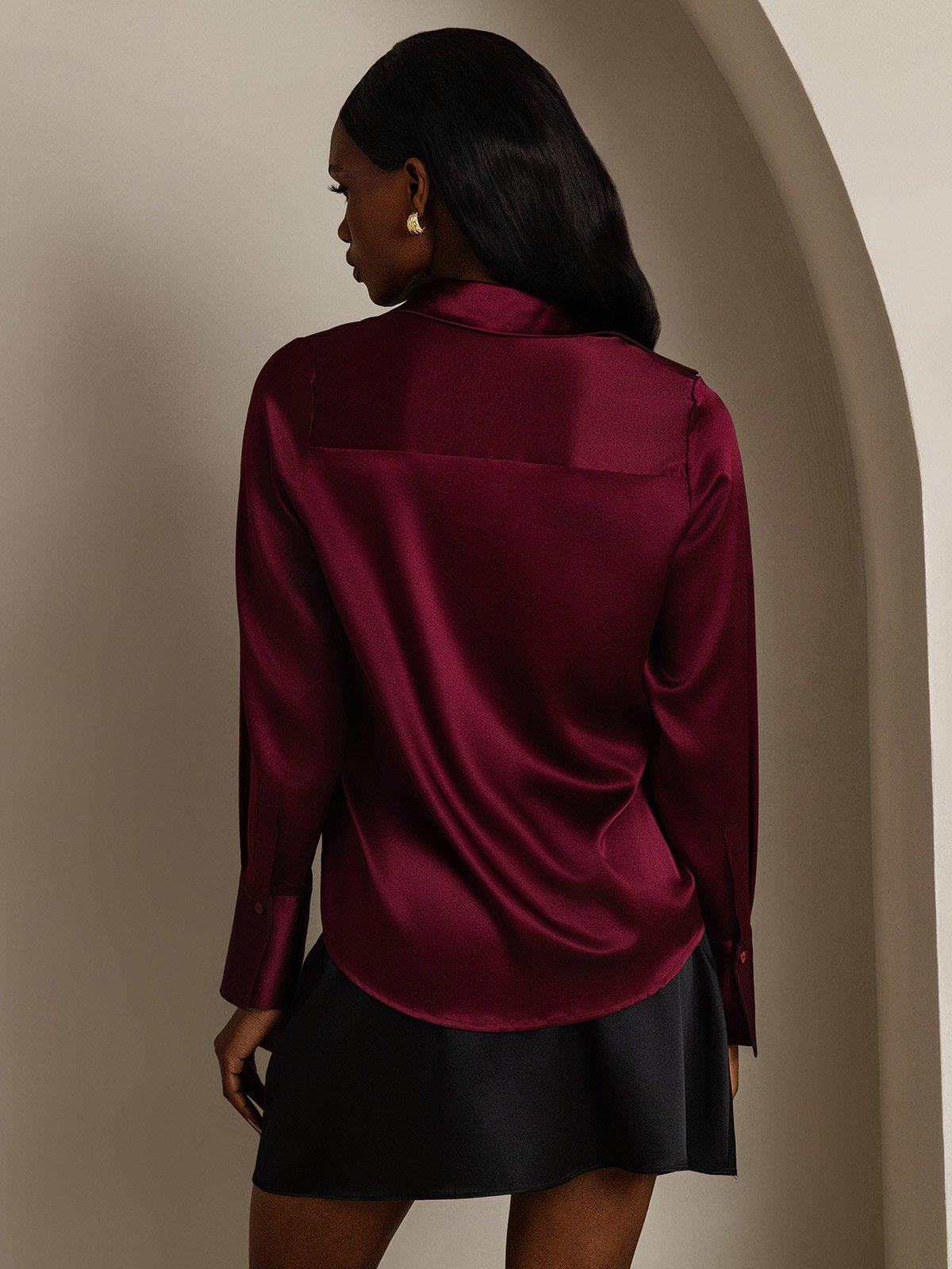 SilkSilky-FI 19Momme Womens Shirt Tummanpunainen 002