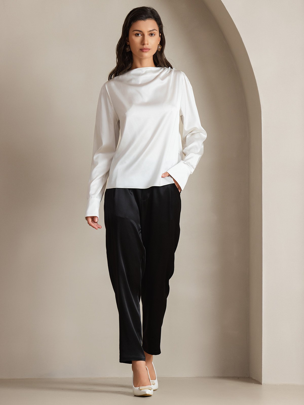 [Valkoinen] SilkSilky-FI 19Momme Womens Shirt 007