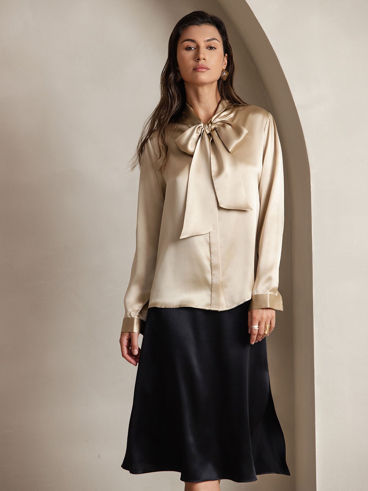 [Samppanja] SilkSilky-FI 19Momme Silk Long Sleeve Tie Neck Naisten paita 001