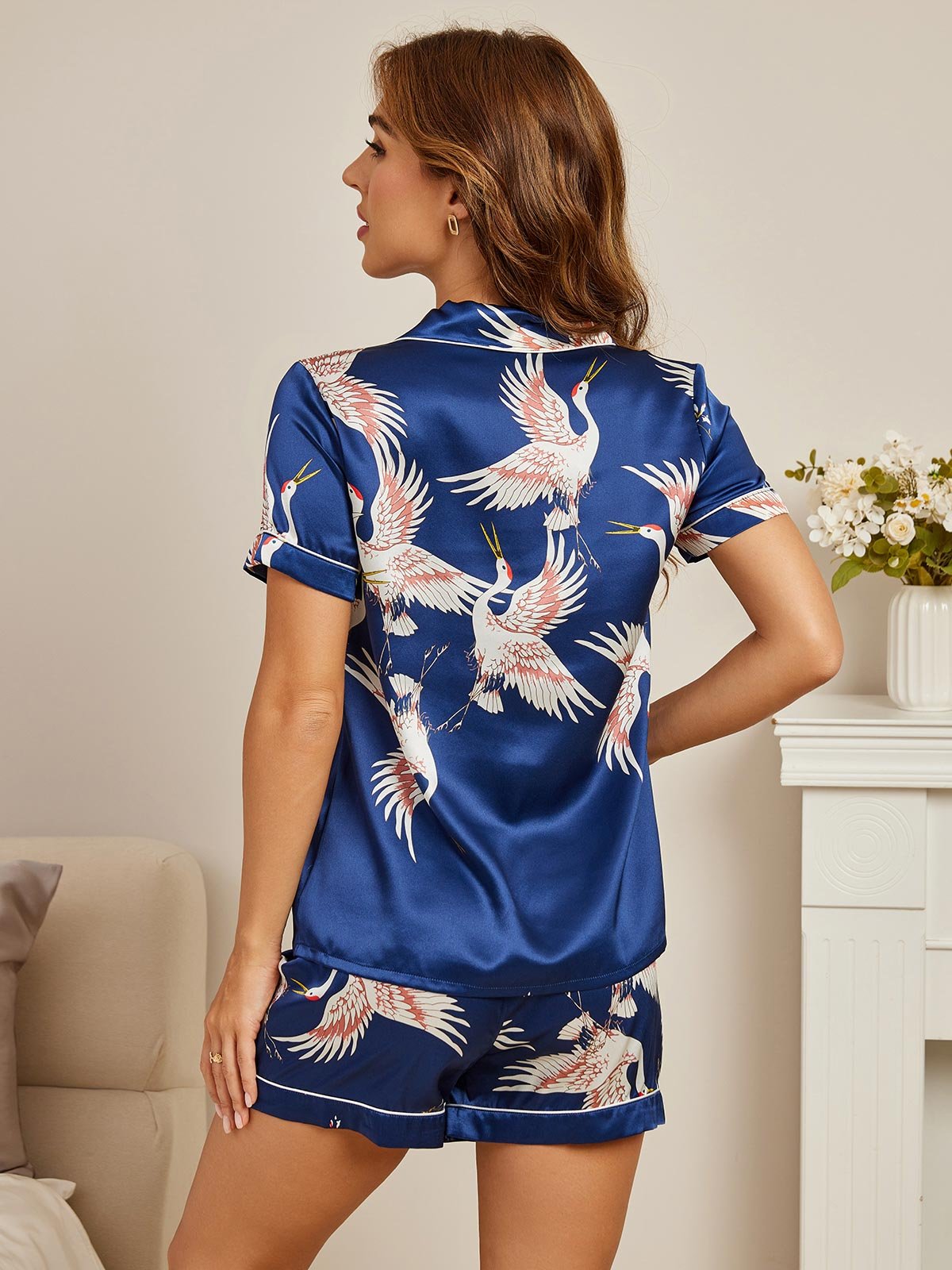 [Tummansininen] SilkSilky-FI Short Sleeve Notkokaulus Naisten Pyjamat 002