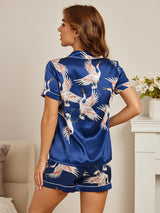 [Tummansininen] SilkSilky-FI Short Sleeve Notkokaulus Naisten Pyjamat 003