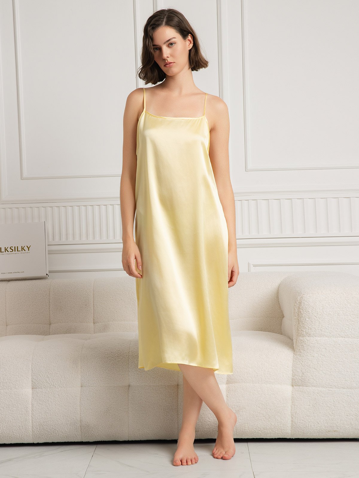[Vaaleankeltainen] SilkSilky-FI 19Momme Silk Sleeveless Dress 001