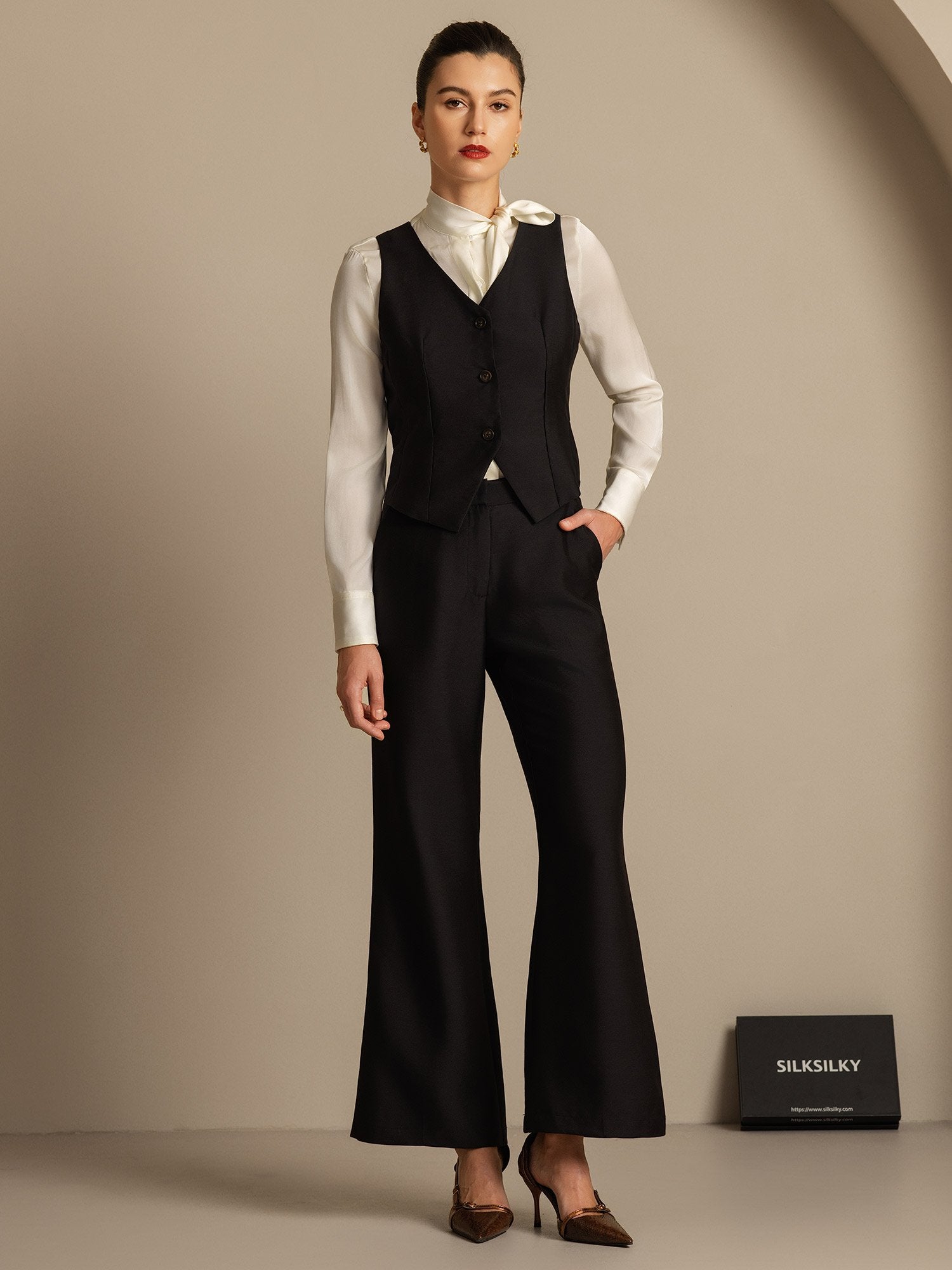 [Musta] SilkSilky-FI 32Momme Silk-Wool Blend Womens Pants 006,