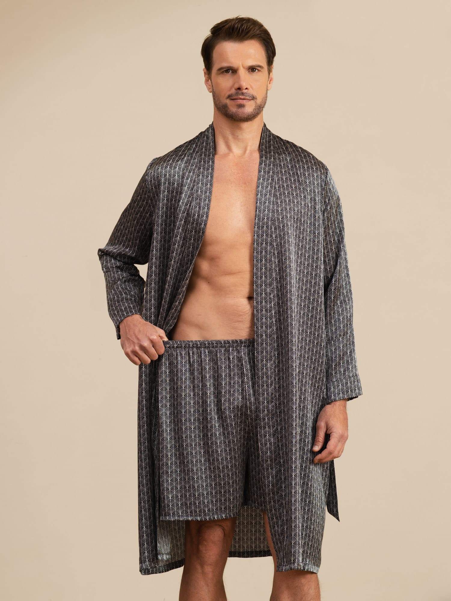 [Musta Ginkgo] SilkSilky-FI Long Sleeve Miesten Pyjamat 001